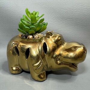 House Hippo Gold Ceramic Succulent Planter With Faux Succulent Patio Decor